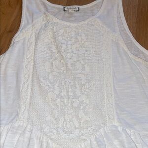 Lace Mesh Front Panel Peplum Cream Tank Top Sleeveless Cotton Flax Blend Blouse